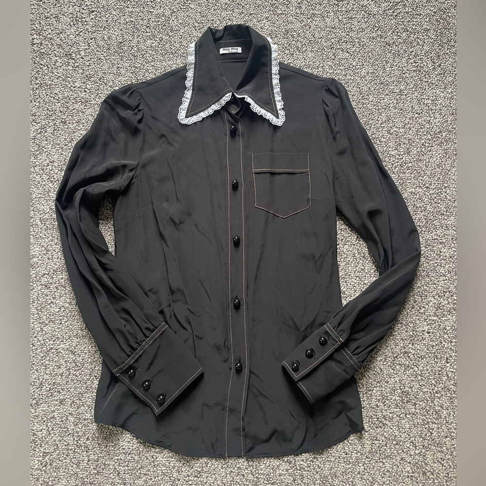 Miu Miu Prada Black White Lace Silk Blouse Top Sz 38